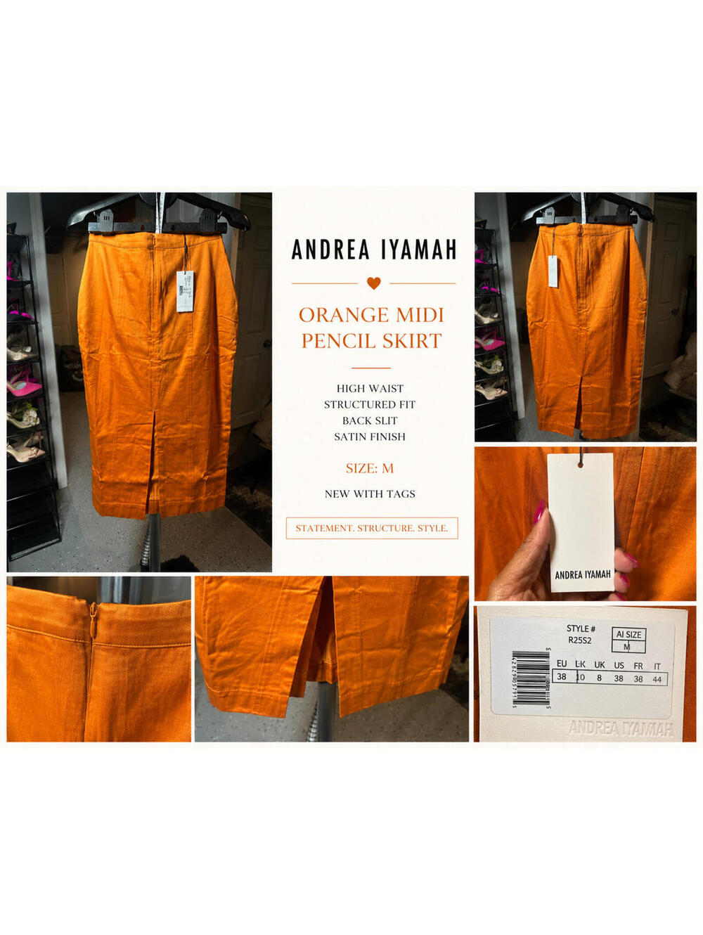 Andrea Iyamah Orange Satin Midi Pencil Skirt Size M High Waist Structured NWT - Picture 2 of 2